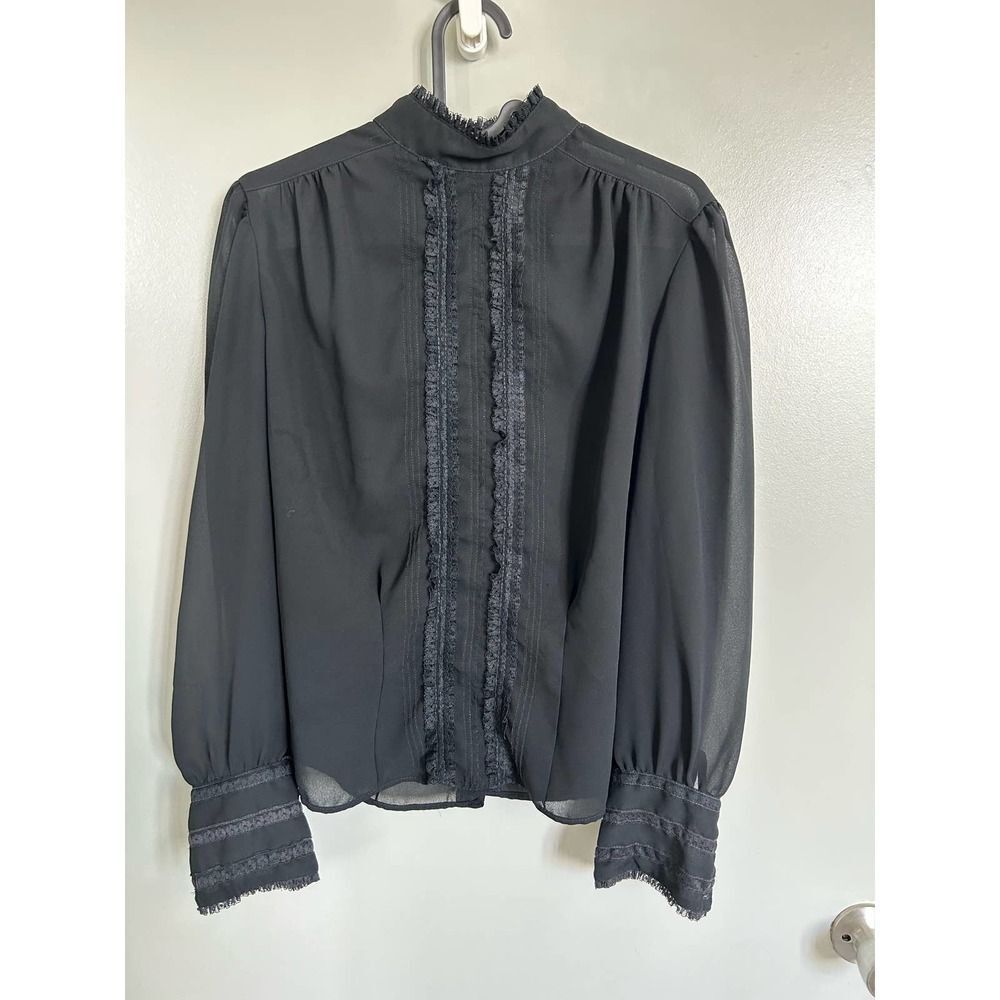 Vintage Black Ruffle High Neck Sheer Blouse Size S EUC - Picture 2 of 11